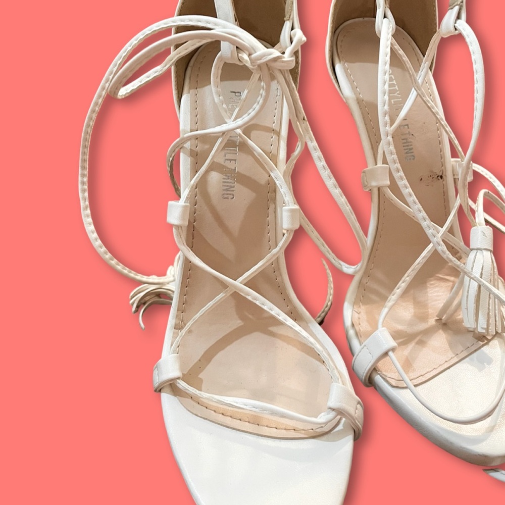 PLT Rosaline White Tassel Lace Up Heels